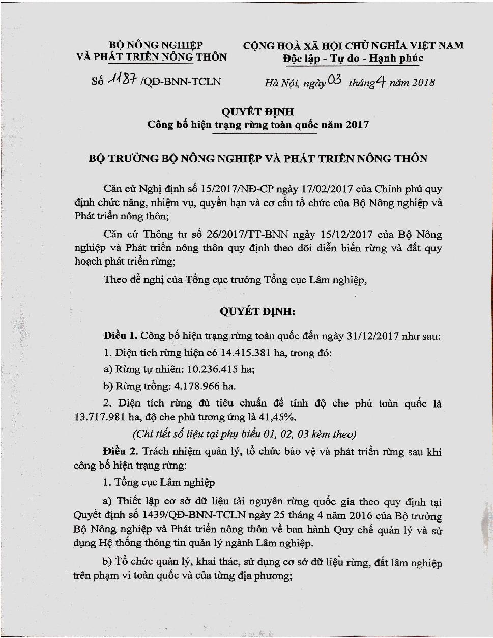 Quyết định Công bố hiện trạng rừng toàn quốc năm 2017 (Quyết định số 1187/QĐ-BNN-TCLN)