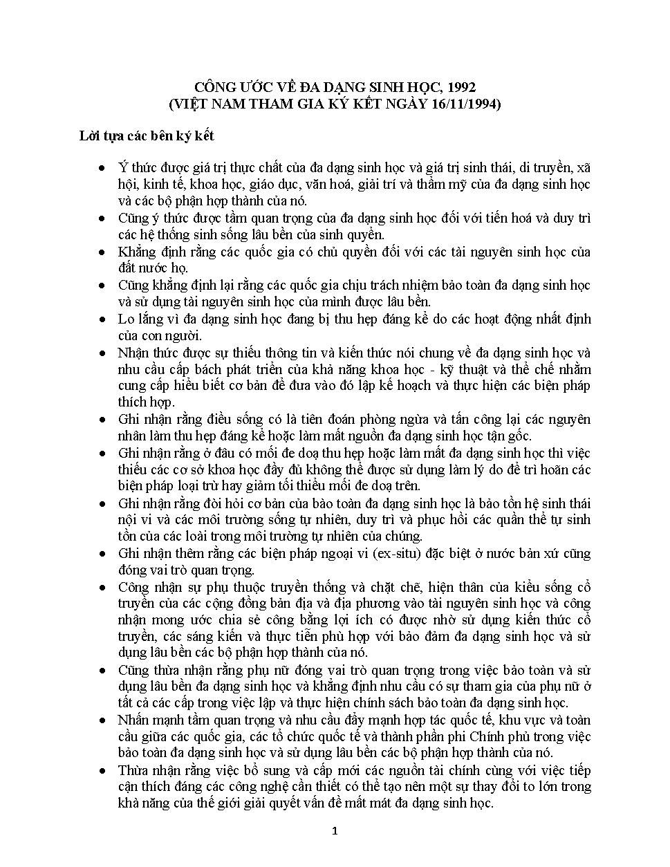 CÔNG ƯỚC VỀ ĐA DẠNG SINH HỌC, 1992(VIỆT NAM THAM GIA KÝ KẾT NGÀY 16/11/1994)Lời