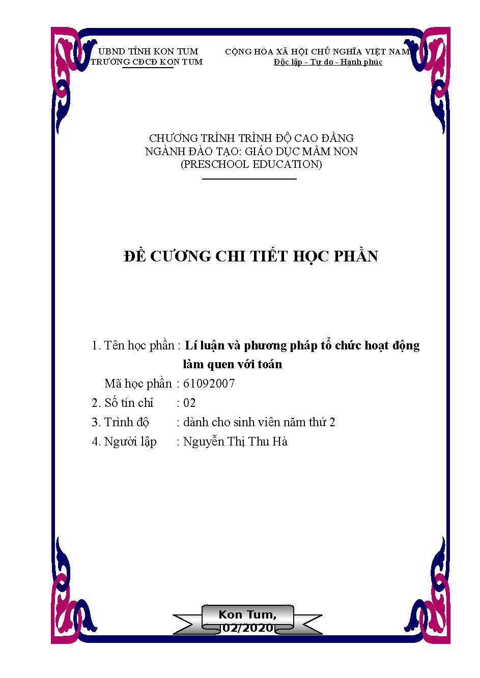 Đề cương chi tiết học phần Lý luận và phương pháp tổ chức hoạt động làm quen với Toán (dành cho sinh viên năm 2)