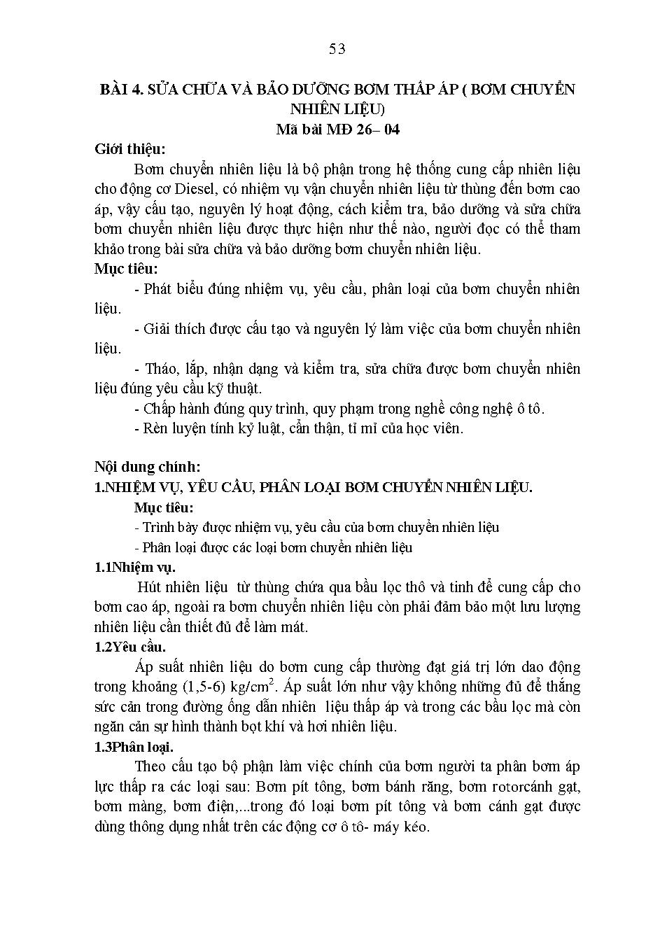 Giáo trình Bảo dưỡng, sữa chữa hệ thống phân phối khí - BÀI 4: SỬA CHỮA VÀ BẢO DƯỠNG BƠM THẤP ÁP ( BƠM CHUYỂNNHIÊN LIỆU)