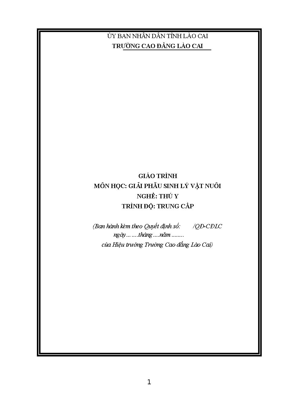 Giáo trình Giải phẫu sinh lý vật nuôi (Trung cấp)