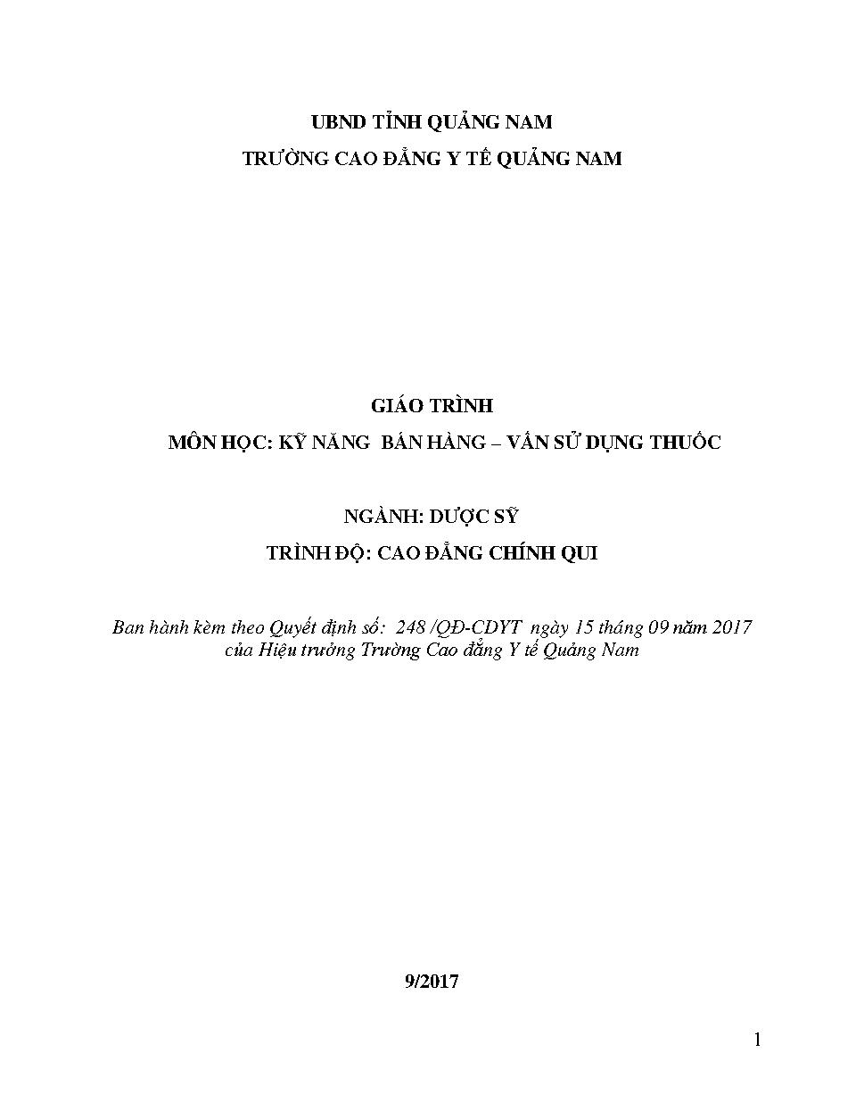 Giáo trình Kỹ năng bán hàng - vấn sử dụng thuốc