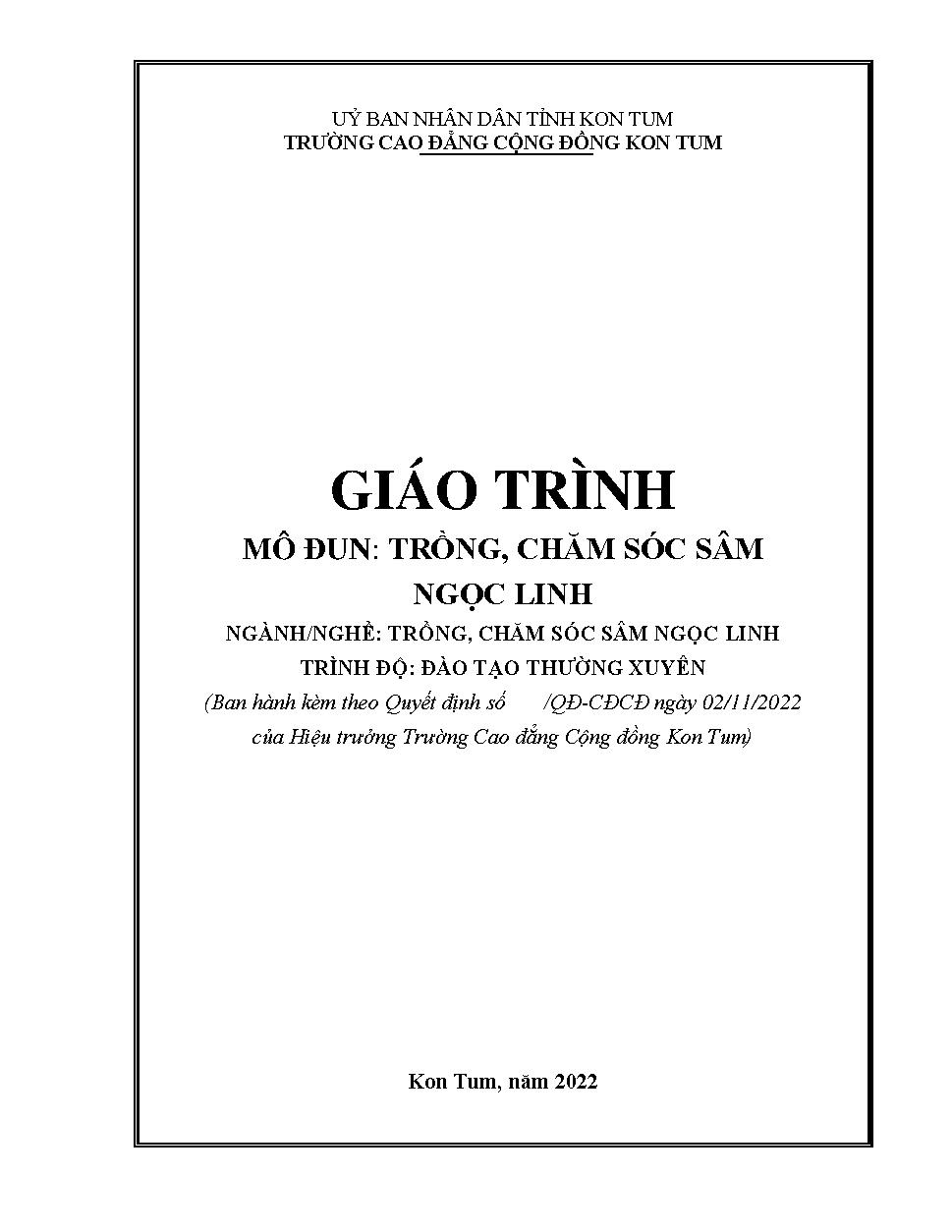 GIÁO TRÌNH MÔ ĐUN: TRỒNG, CHĂM SÓC SÂM NGỌC LINH