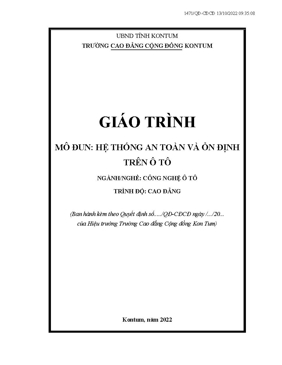 GIÁO TRÌNH MÔ ĐUN: HỆ THỐNG AN TOÀN VÀ ỔN ĐỊNH TRÊN Ô TÔ