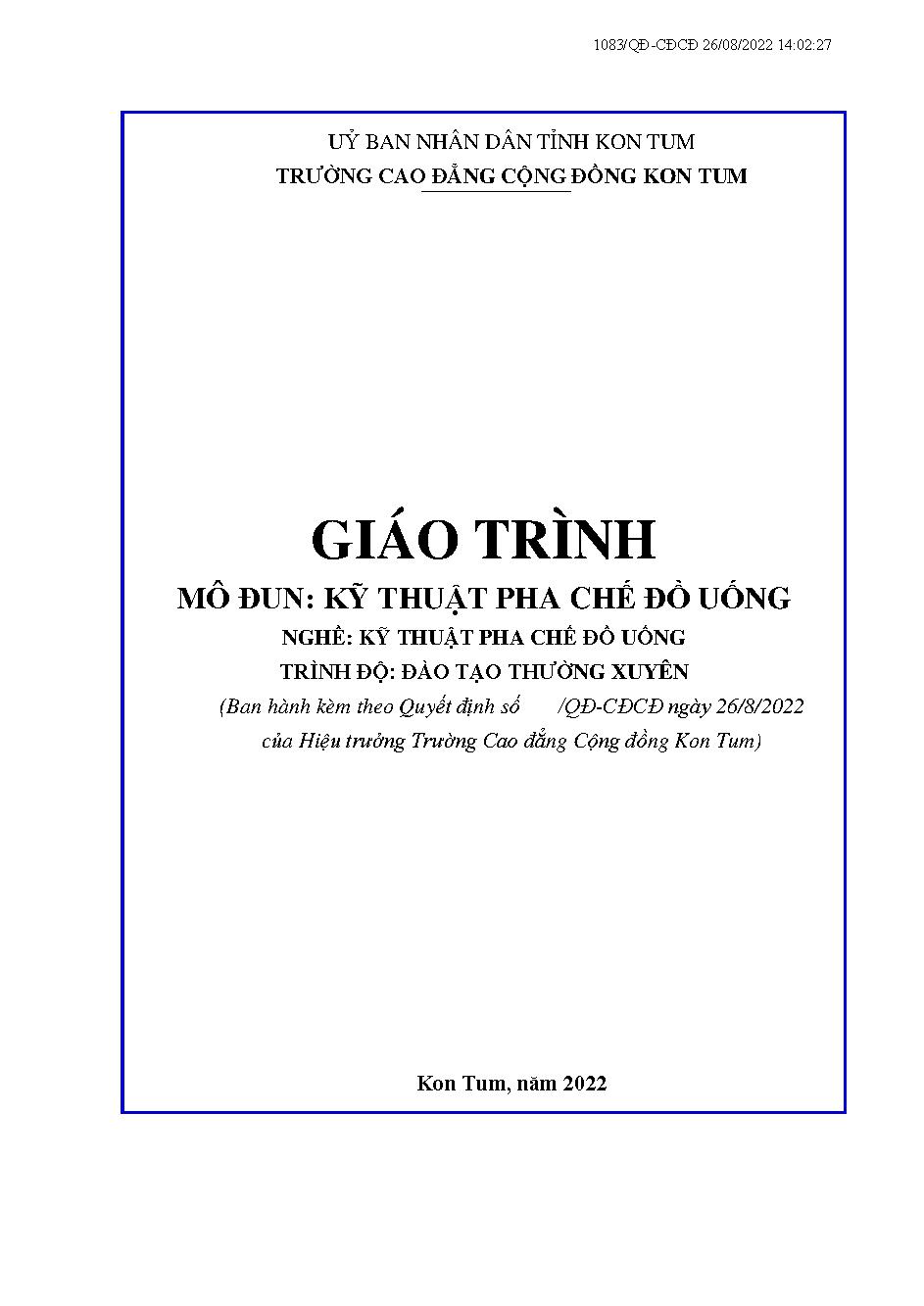 GIÁO TRÌNH MÔ ĐUN: KỸ THUẬT PHA CHẾ ĐỒ UỐNG