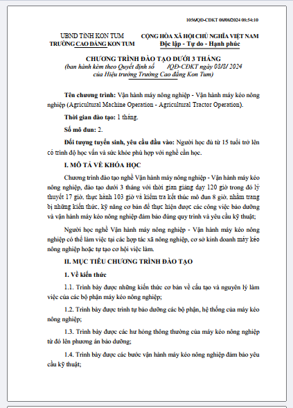 Chương trình đào tạo nghề Vận hành máy nông nghiệp - Vận hành máy kéo nông nghiệp, đào tạo dưới 3 tháng