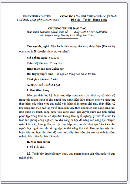Chương trình đào tạo ngành nghề Vận hành điện trong nhà máy thủy điện trình độ Trung cấp năm 2023