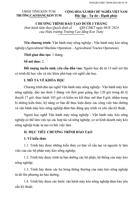 Chương trình đào tạo dưới 3 tháng: Vận hành máy nông nghiệp - Vận hành máy kéo nông nghiệp (Agricultural Machine Operation - Agricultural Tractor Operation).