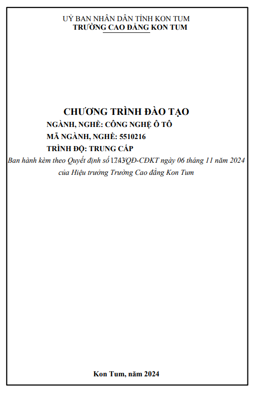 Chương trình đào tạo ngành nghề Công nghệ ô tô trình độ Trung cấp năm 2024