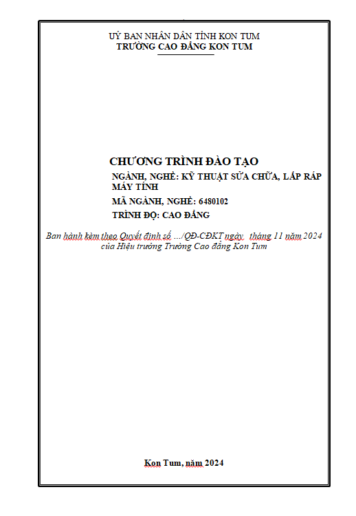 Chương trình đào tạo tổng quát ngành, nghề Kỹ thuật sửa chữa, láp ráp máy tính