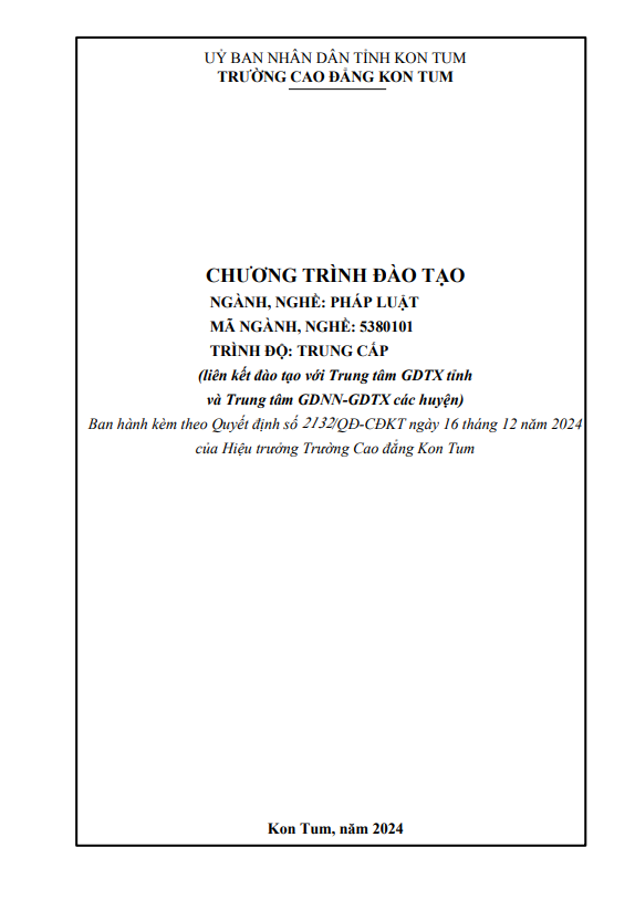 Chương trình đào tạo ngành, nghề Pháp luật (liên kết đào tạo với Trung tâm GDTX tỉnh và Trung tâm GDNN-GDTX các huyện)