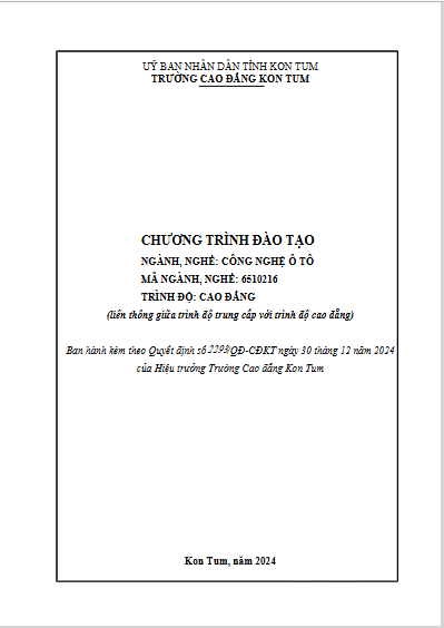 Chương trình đào tạo ngành, nghề Công nghệ ô tô (liên thông giữa trình độ Trung cấp với trình độ Cao đẳng)